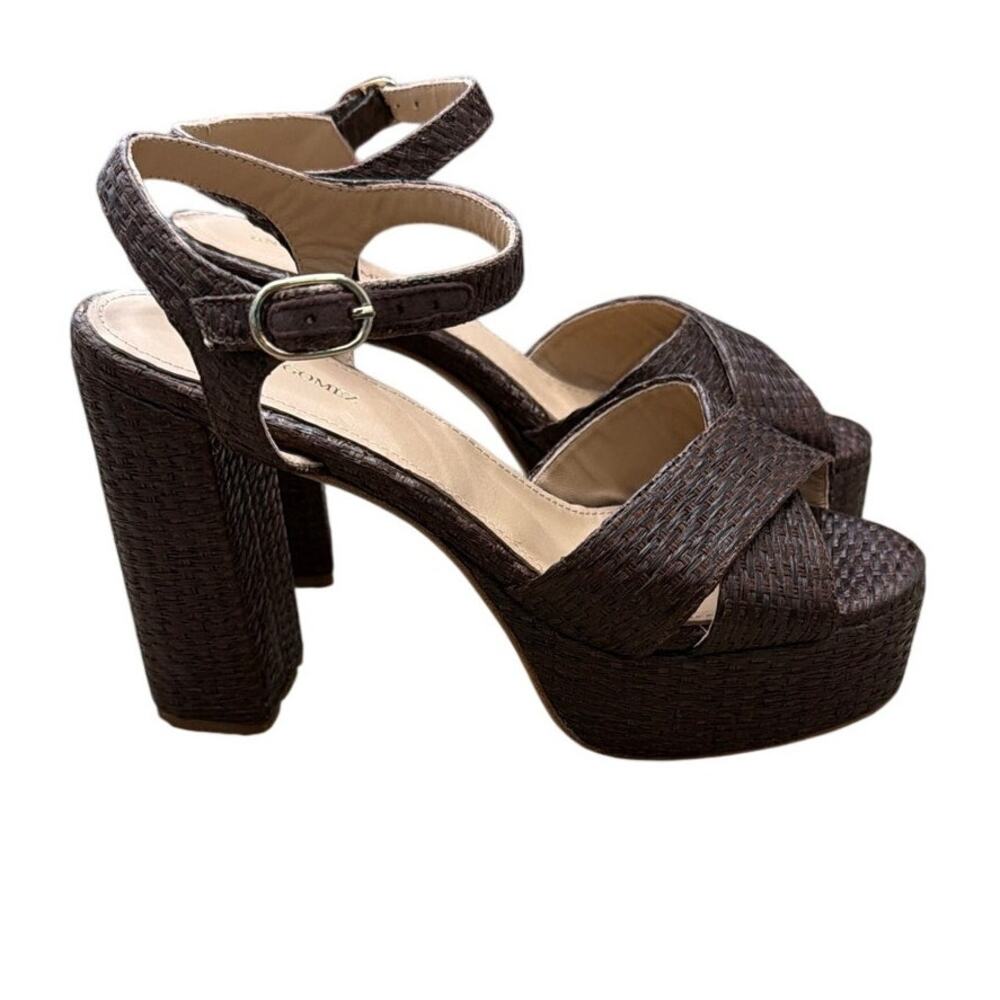 Andrea Gomez Bella Raffia Platform Sandals Heels Dark Brown Size 37 US 7